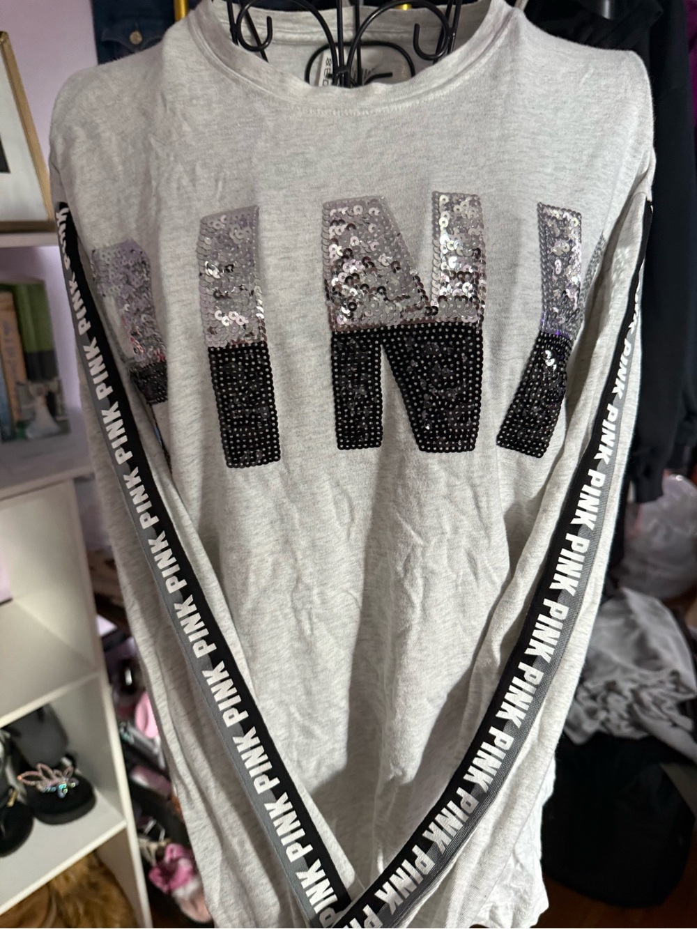 PINK Victoria's Secret Light Gray Sequin Logo Sweatshirt with Black Logo Tape